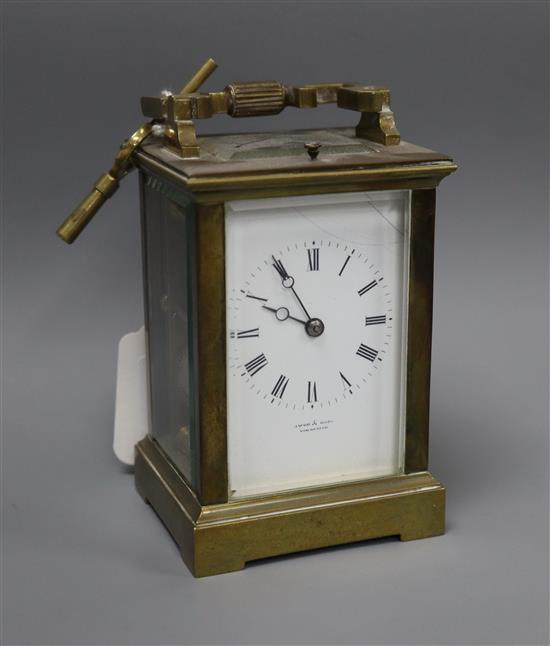 A Jacob & Ross lacquered brass carriage timepiece